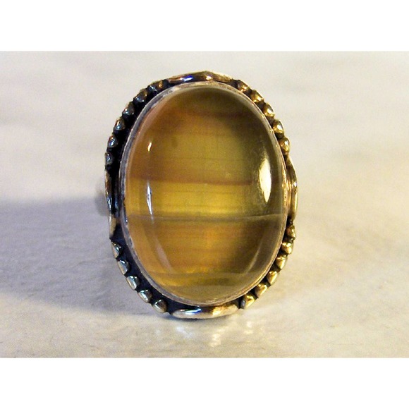Vintage Sterling Silver Large Oval Banded Agate Ring , Ring Size 8 - Picture 1 of 5